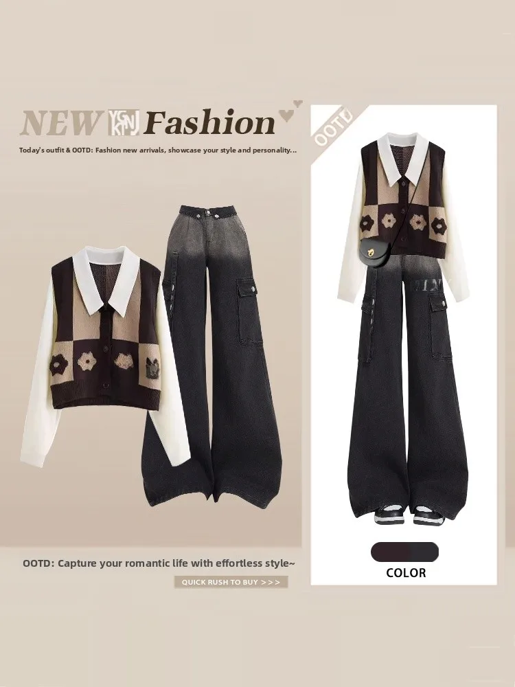 

Винтажный антивозрастной вязаный свитер с цветными вставками и комплект из широких джинсов: женский весенний элитный комплект из двух предметов
