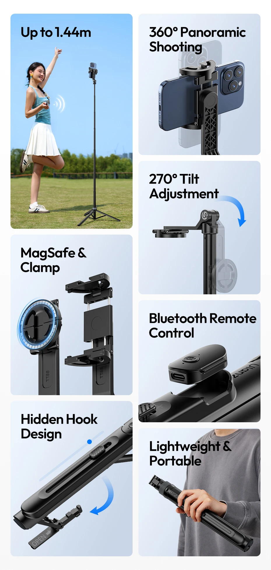 Ulanzi TT88 Overhead-Selfie-Stick 1,44 m mit MagSafe-Klemme, Fotografie-Stativ für Smartphone-Livestreaming und Vlogging mit Fernbedienung, Dual Cold Shoe, Fernbedienungslicht, Desktop-Aufnahme, Mantis-Halterung – Detail 17