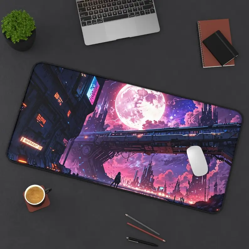 

Sci-Fi Cityscape Desk Mat, Sci-Fi Anime Mouse Pad, Pink Playmat - XXL Playmat, XL Computer Mat, Desk Protector, Work From Home