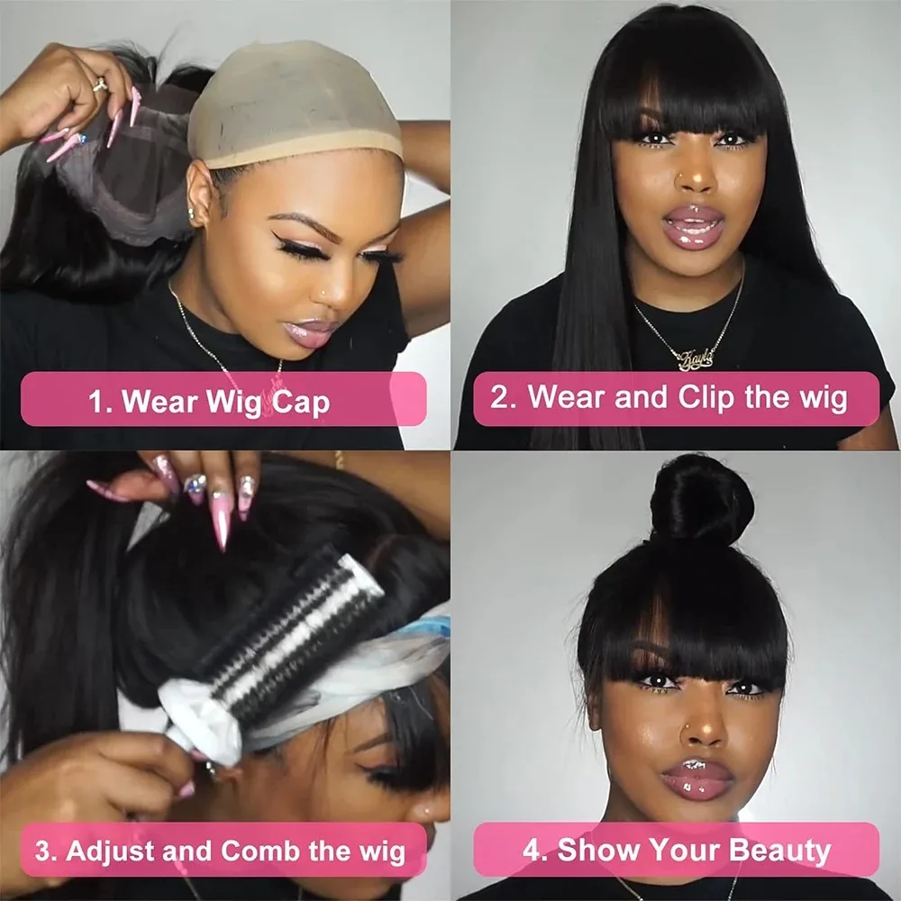 32 34 Human Hair Wig with Bangs Raw Indian Straight Human Hair Fringe Wigs 10-32Inch 180 Density Straight Human Wigs For Women