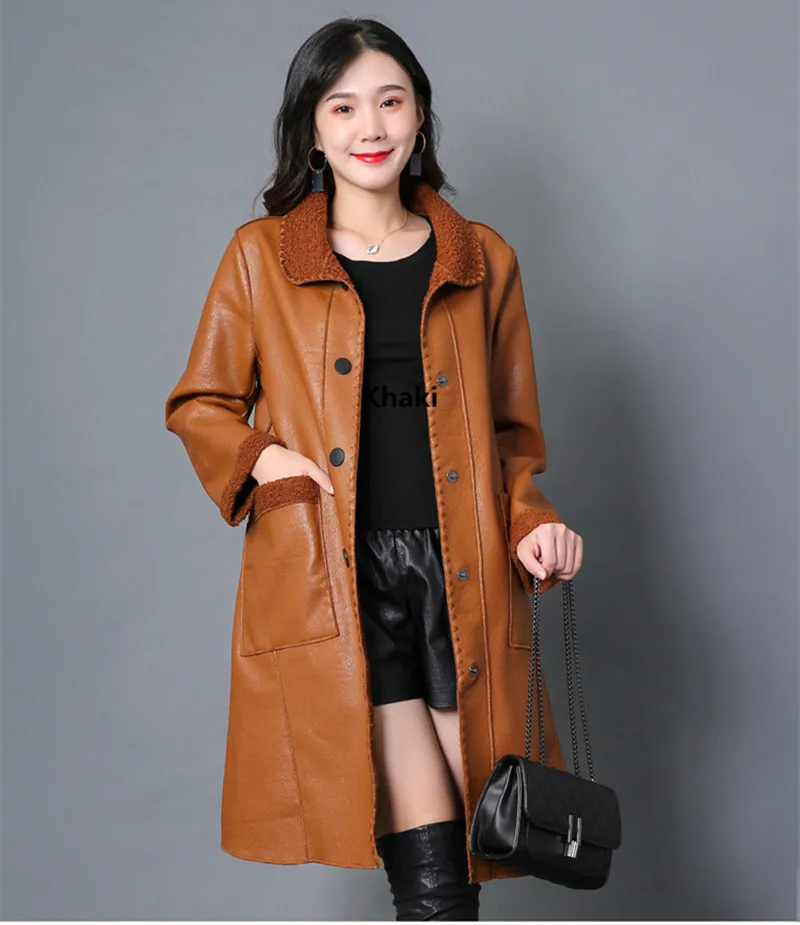 Casual Oversized Long Soft Faux Leather Fur Coat Lambsw Collar Women Long Sleeve Buttons Elegant PU Jacket Lady Clothing Parkas