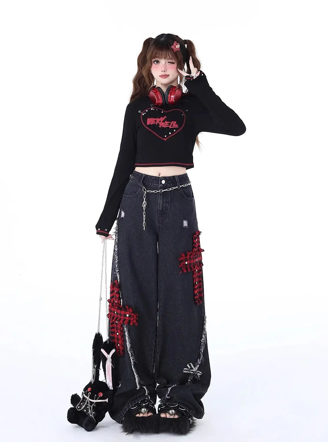 Gothic Vintage Punk Rock Jeans Baggy Woman Japanese Style Denim Pants Korean Fashion Embroidery Drape Punk New Style Trousers