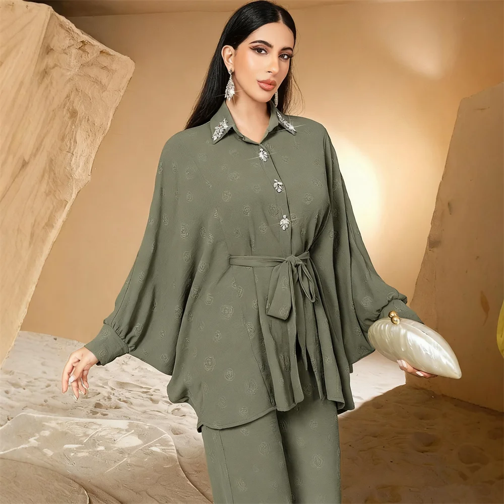 

Muslim Women Diamonds Button Shirt Pants 2 Piece Set Dubai Abayas Tops Trousers Islam Clothing Outfits Femme Musulmane Ensembles