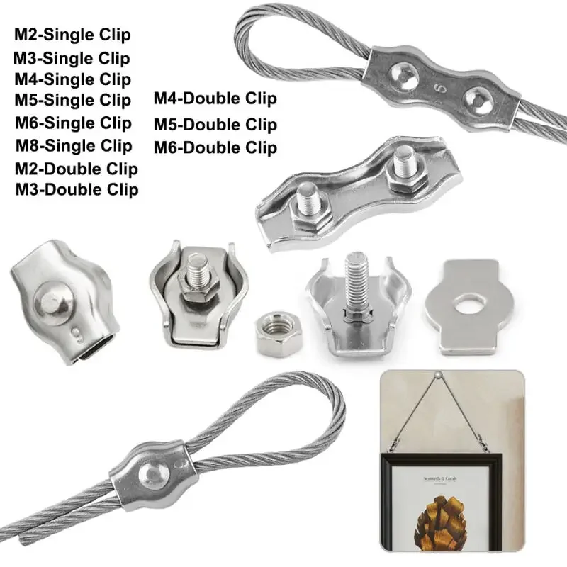 5-2pcs Stainles Steel Wire Rope Clips, M2-M6 Waterproof Cable Clamps, Single/Double Grip Chuck Lock for Hardware Fasteners