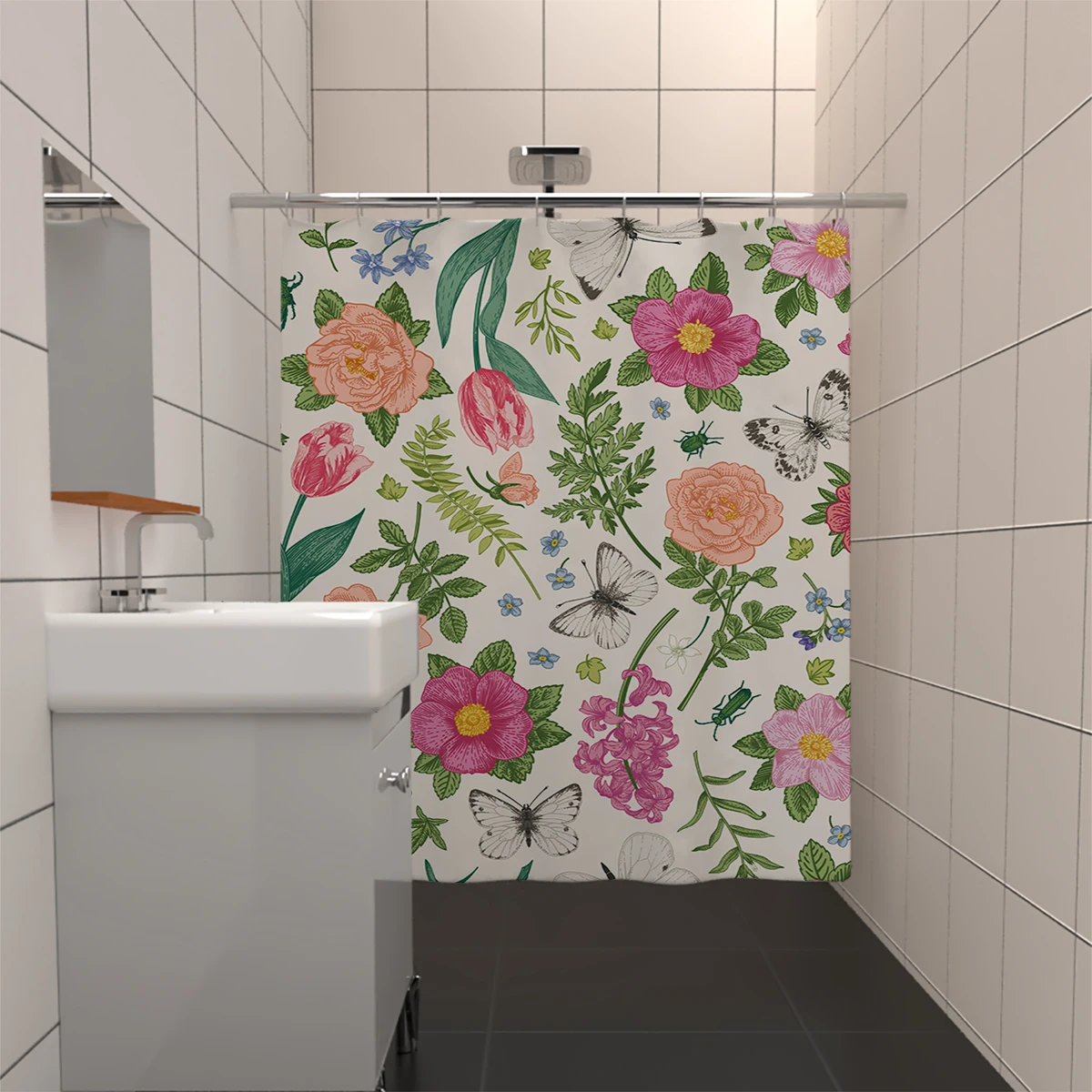 1 piece of 180x180cm printed shower curtain with floral pattern, 12 hooks, waterproof and mold resistant partition