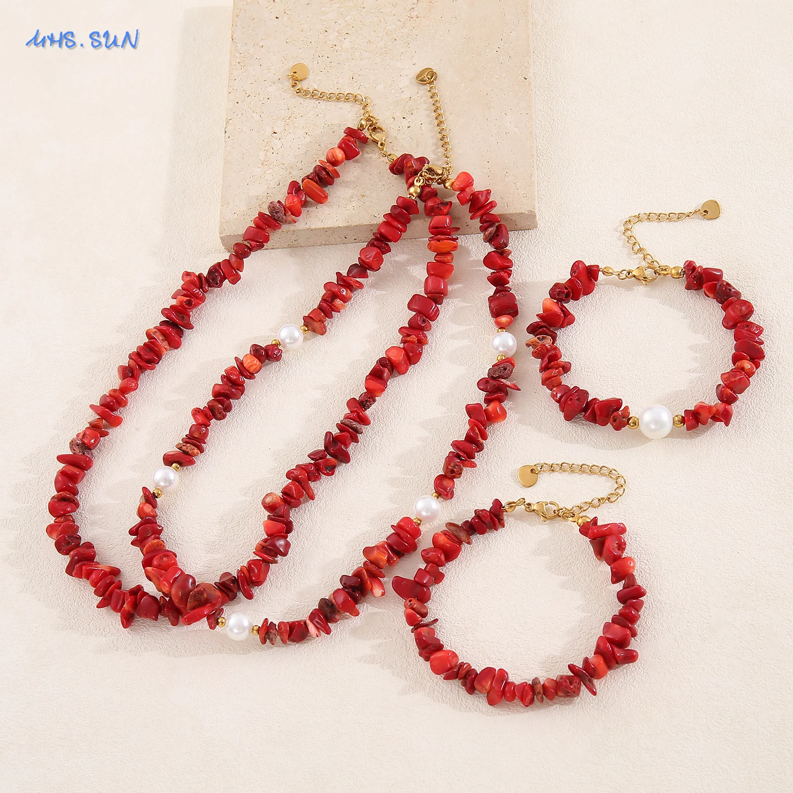 MHS.SUN Fashion Boho Red Gravel Jewelry Set Irregular Coral White Pearl Beaded Necklace Bracelet Women Waterproof Choker Bangle