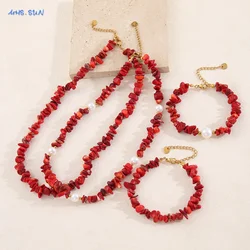 MHS.SUN Fashion Boho Red Gravel Jewelry Set Irregular Coral White Pearl Beaded Necklace Bracelet Women Waterproof Choker Bangle
