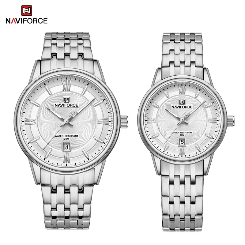 NAVIFORCE Brand Luxury Couple Orologi da polso al quarzo Lui e suo cinturino in acciaio inossidabile Business Casual Orologi luminosi impermeabili