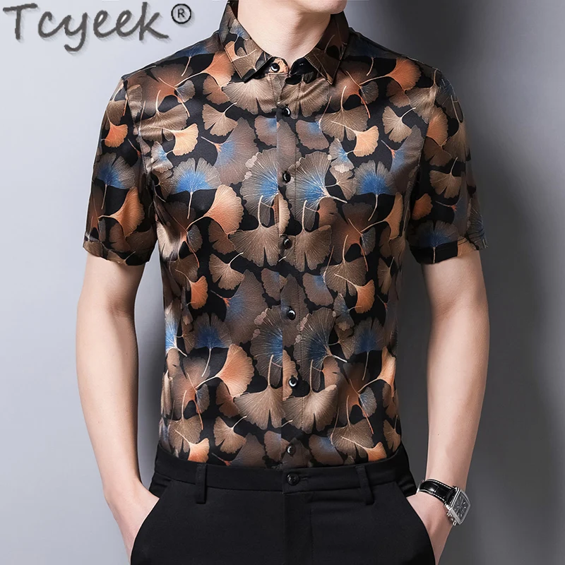 Tcyeek 92.4% Mulberry Real Silk Shirt Short Sleeve Mens Shirts Fashion Shirts for Men Summer Clothes Print 2024 Camisa Masculina