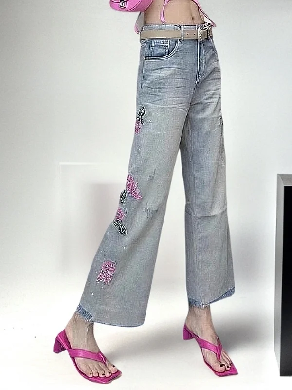 

Spring Summer 2026 High Waist Wide Leg Jeans Women's Floral Embroidery Nine Points Casual Sle Antibacterial Comfortable Fit