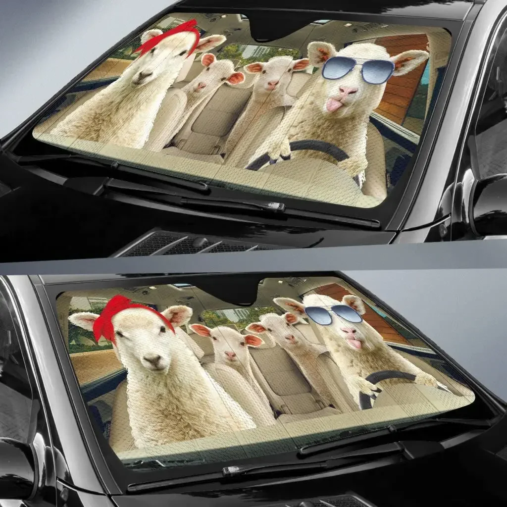 Funny Sheep Family Driving With Glasses With Car Sunshade For Sheep Lovers Gifts, Car Windshield