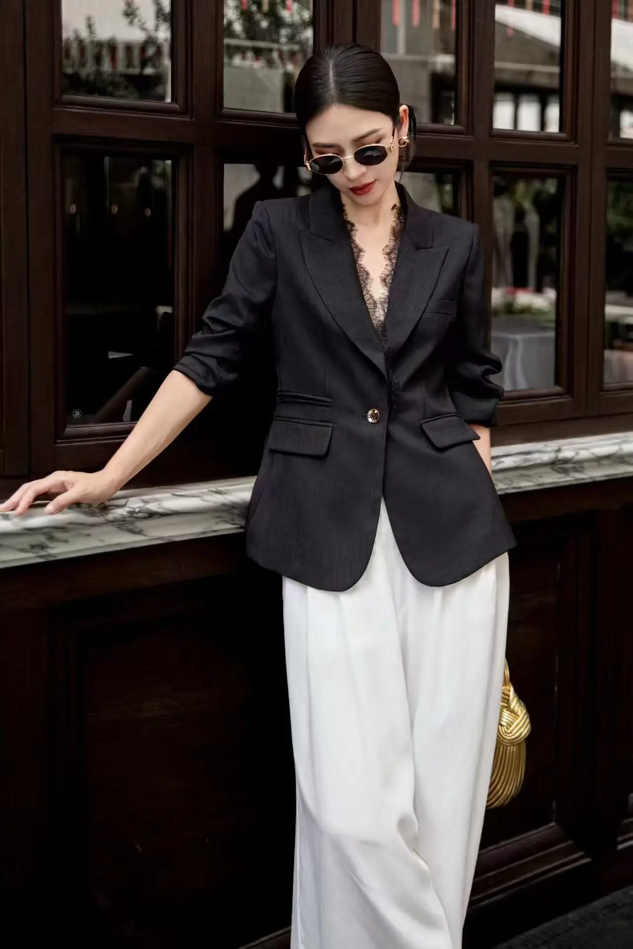 Spring and Autumn New Elegant Acetate Linen Fabric Splicing Lace Design Elbow‑Length Sleeve Single Button Women's Coat S-XL