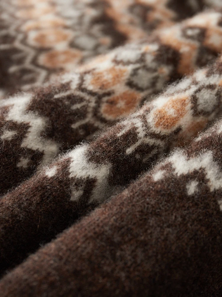 Sweater Rajut Jacquard Kotak-kotak Gaya Fair Isle Musim Gugur Musim Dingin yang Chic, 100% Wol Merino, Kerah Setengah Tinggi, Ritsleting, Pakaian Pria