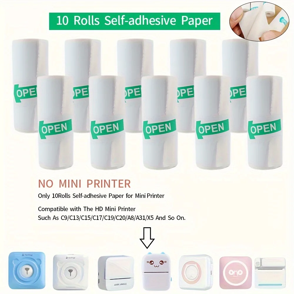 10 Rolls Mini Printer Paper Self-Adhesive Thermal Sticker Labels - 57mm Residue-Free Paper for Portable Printers & Label Makers