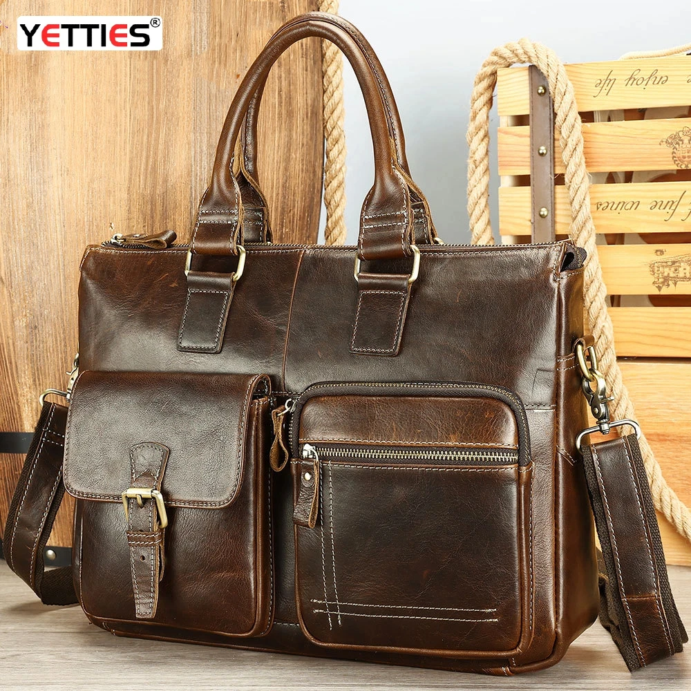 

YETTIES Men's Top Grain Leather Laptop Briefcase | Spacious Shoulder Tote Bag | New Business Work Messenger