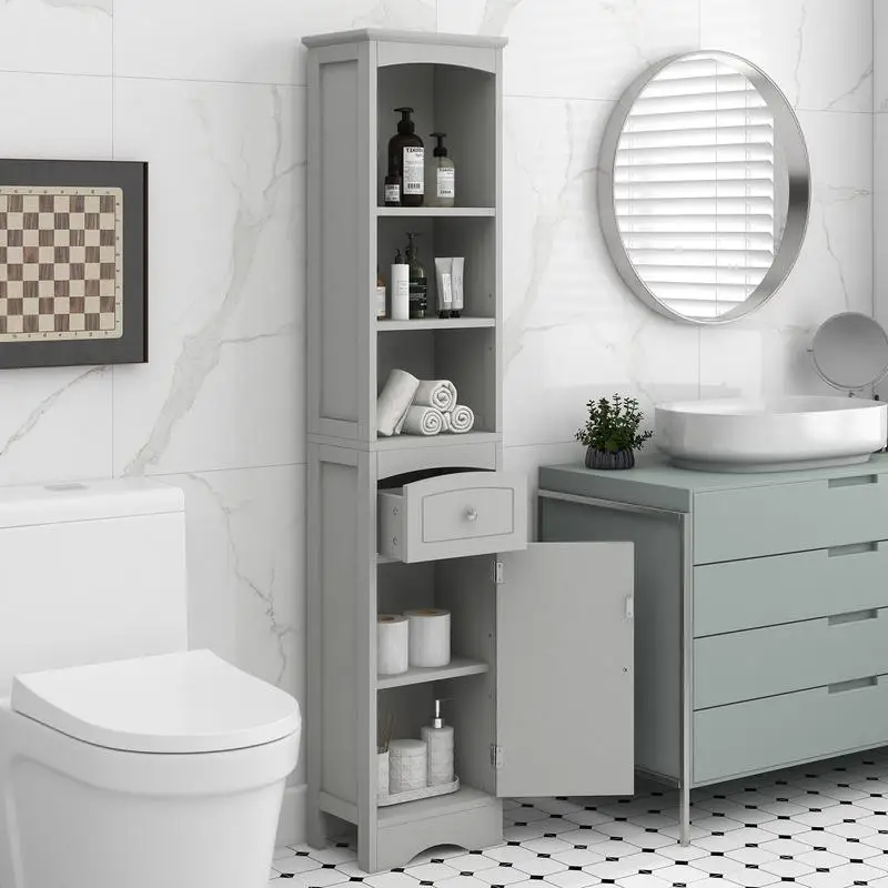 

Freestanding Tall Bathroom Storage Cabinet, MDF with Drawer, Adjustable Shelf, Grey Finish