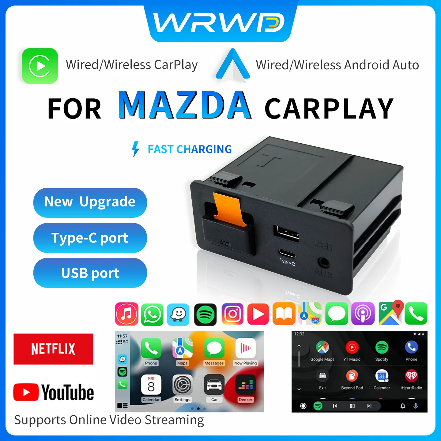 With Type-C For Mazda Carplay And Android Auto Adapter For Retrofit Mazda 2 3 6 CX3 CX5 CX8 MX5 USB HUB Kit TK78669U0C