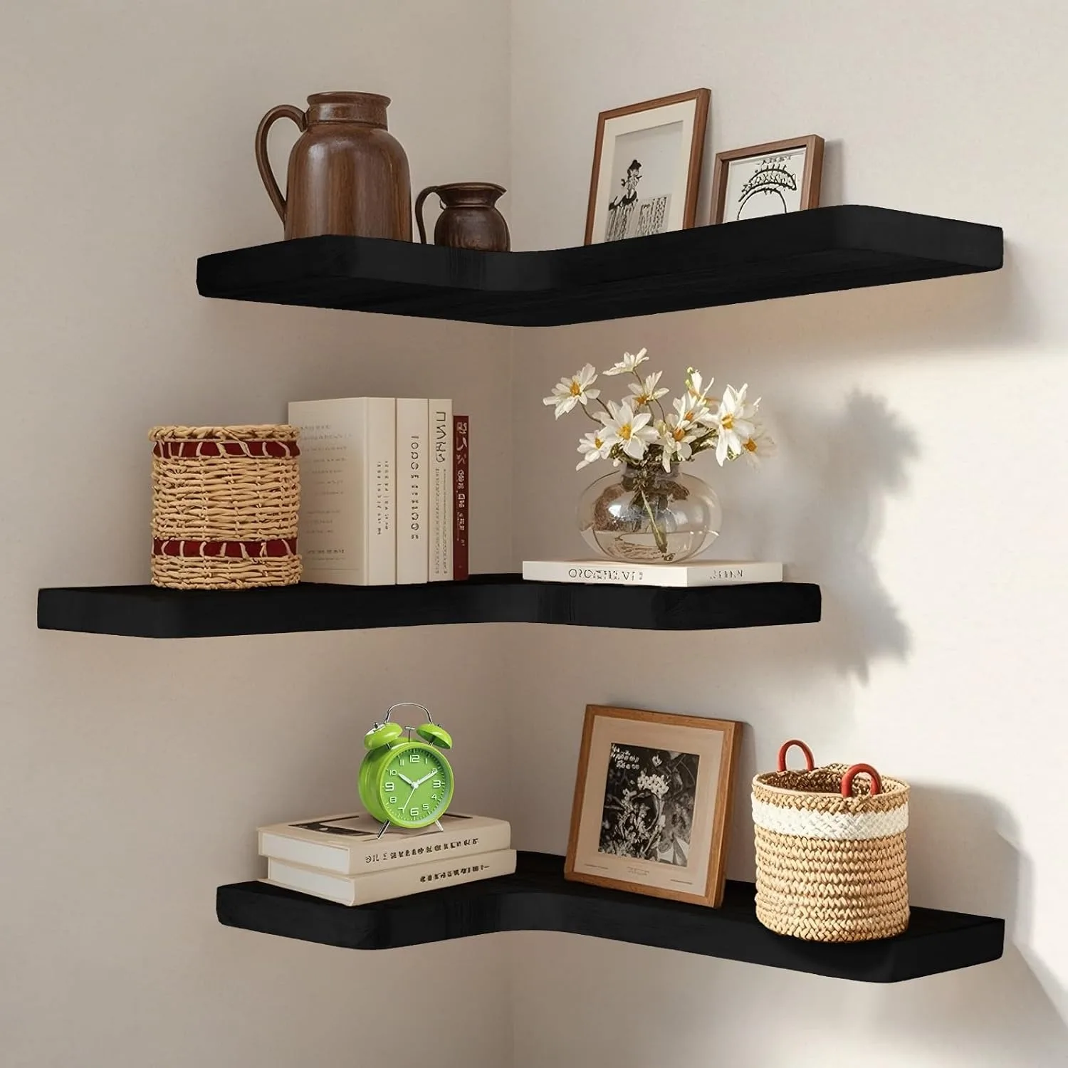 

Floating Corner Shelves Set of 3, Solid Wood Picture Wall Shelf, Floating Shelves for Storage for Bedroom，Living Room (Black)