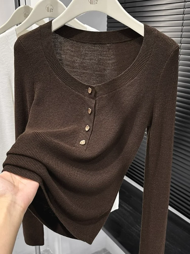 

Женский вязаный топ с длинным рукавом и круглым вырезом, осенне-зимний, премиум-класса, на пуговицах, в корейском стиле, для офиса и повседневной носки