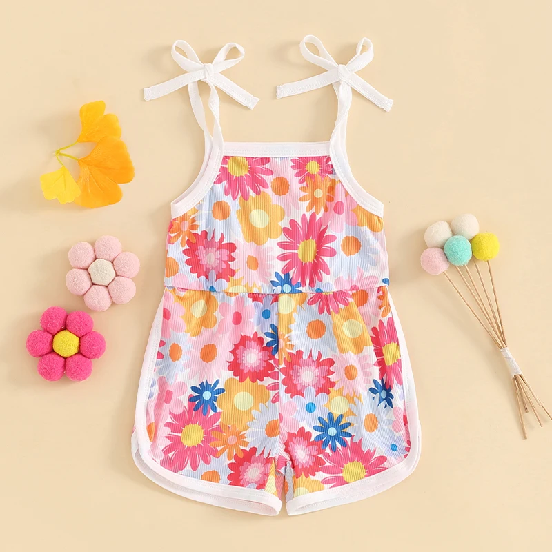 

Girls Pink Floral Print Sleeveless Romper with Tie-Up Spaghetti Straps and Shorts for Summer Fun and Playtime