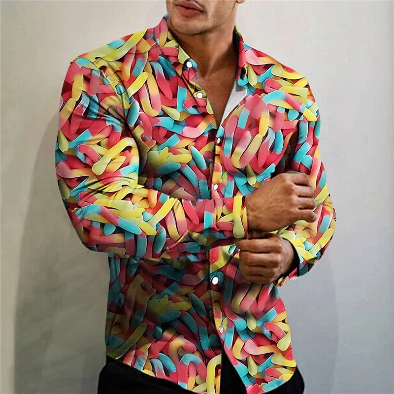 Camisa con estampado de comida para hombre, ropa de manga larga con solapa, color rosa, diseño de calle, informal