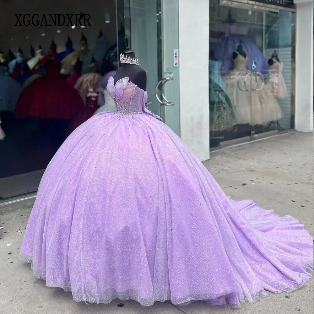 

Новое лавандовое сиреневое платье Quinceanera, бальное платье с блестками, аппликация, бисер, бант, корсет Sweet 16, Vestido De 15 Anos, праздничный день рождения