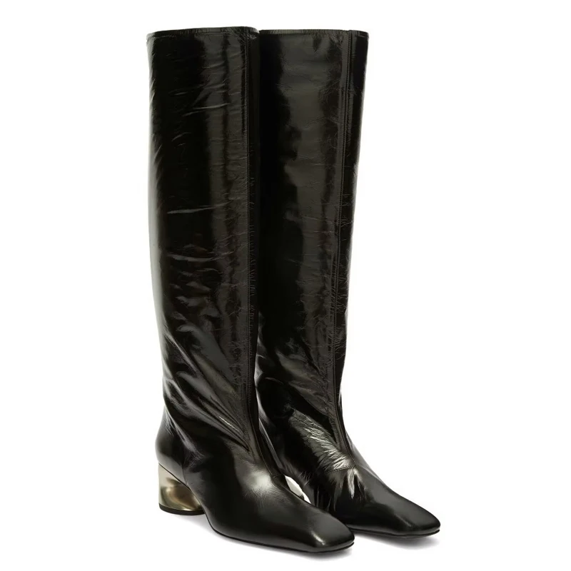 

Женские сапоги до колена на каблуке с квадратным носком, зима 2026, модные высокие сапоги из эластичной кожи, вечерняя обувь для вечеринок