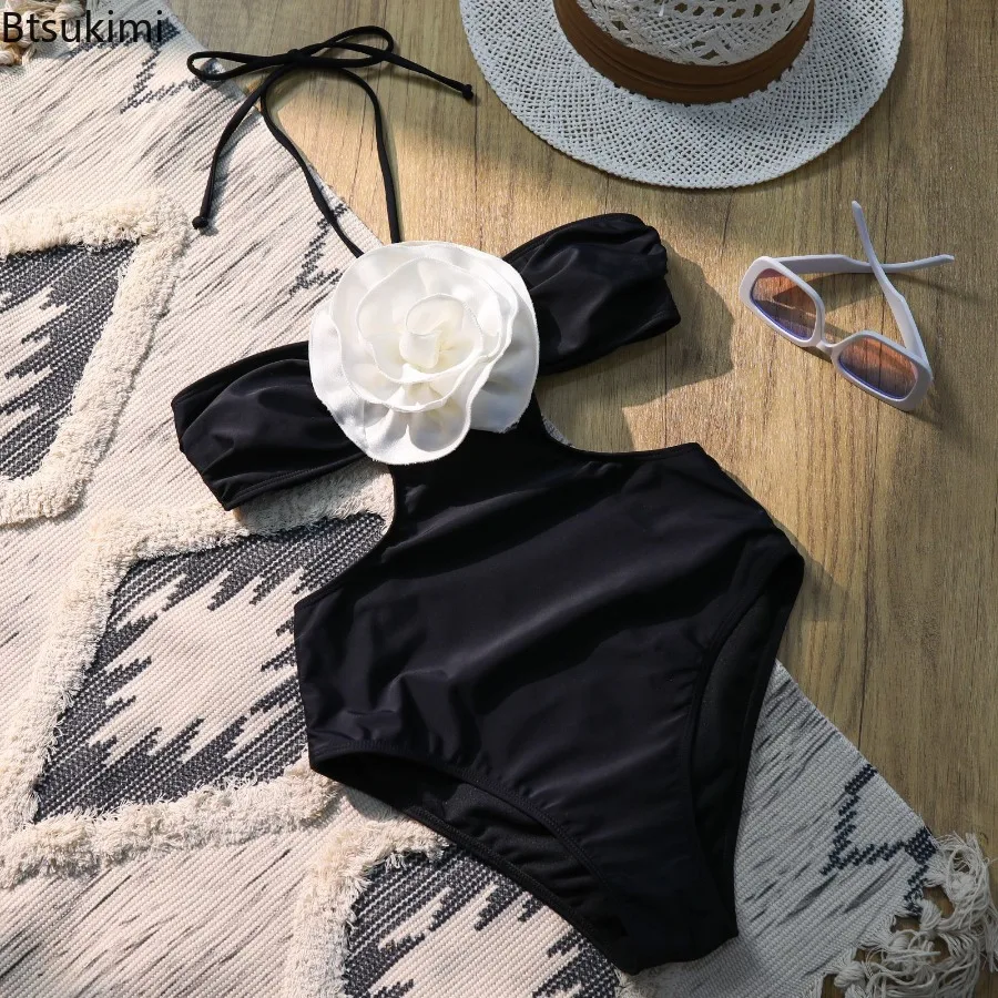 2025 Trajes de baño sexis de una pieza con cordones florales para mujer, traje de baño femenino, trajes de baño Push Up, monos, ropa de playa, Monokini con volantes