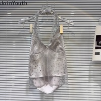 Harajuku Tanks Crop Top Women's Clothing Sexy Korean Tees Backless Gauze Diamond Camis 2025 Ropa Mujer Chic Summer Y2k Vest