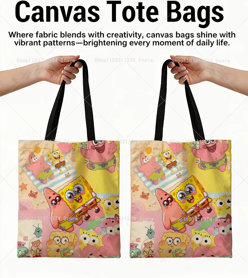 SpongeBobs Canvas Tote Bag Shoulder Bags Cartoon Printing Casual Handbag Ladies Reusable Large Capacity Women Shopping Bag Gifts