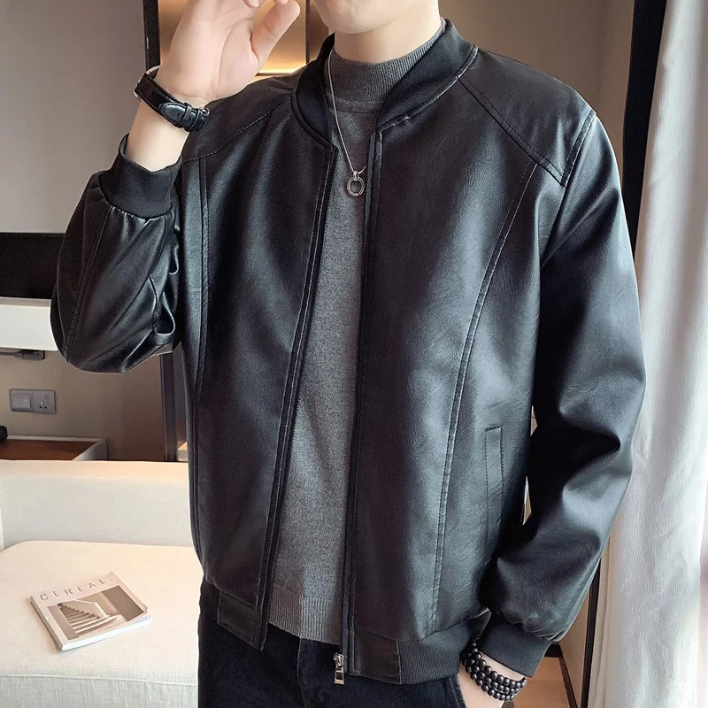 

Casual Leather Jaet Men's Trendy Spring New Bla Baseball Collar Leather Vest Top Youth Elastic Hemline Zipper Clo...