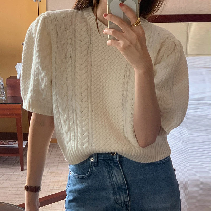 

Chic Spring Knitted Loose Casual Bubble Sleeve round Neck Pure Color Sweater Korean Style Commute Fashion Low round Collar