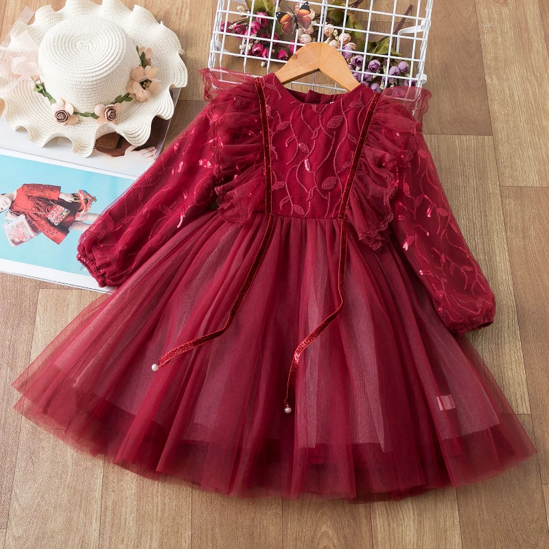 

2023 Spring Kawaii Sequin Mesh Layered Princess Dress For Girls Puffy Yarn Flying Long Sleeve Children's Clothig kid Vestidos