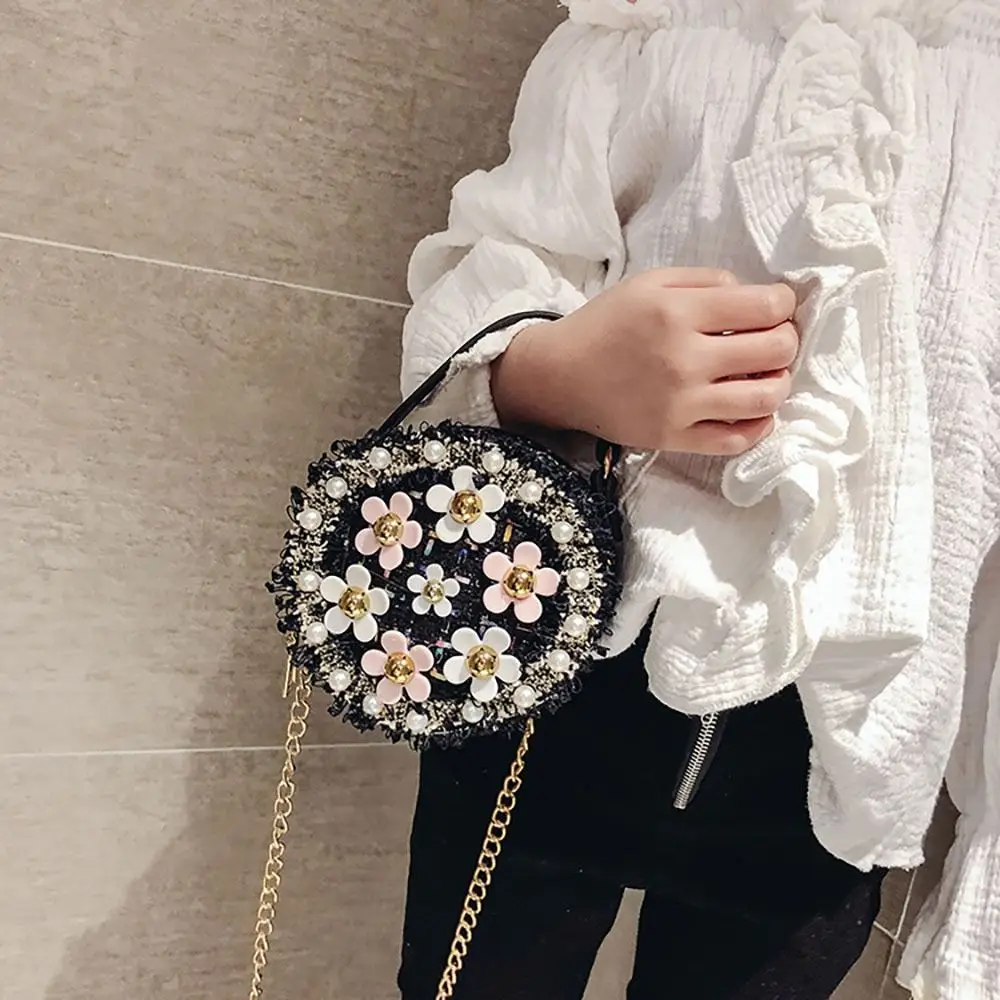 Bolsa crossbody pérola versátil para meninas, bolsa de ombro princesa, bolsas florais para crianças, coreana