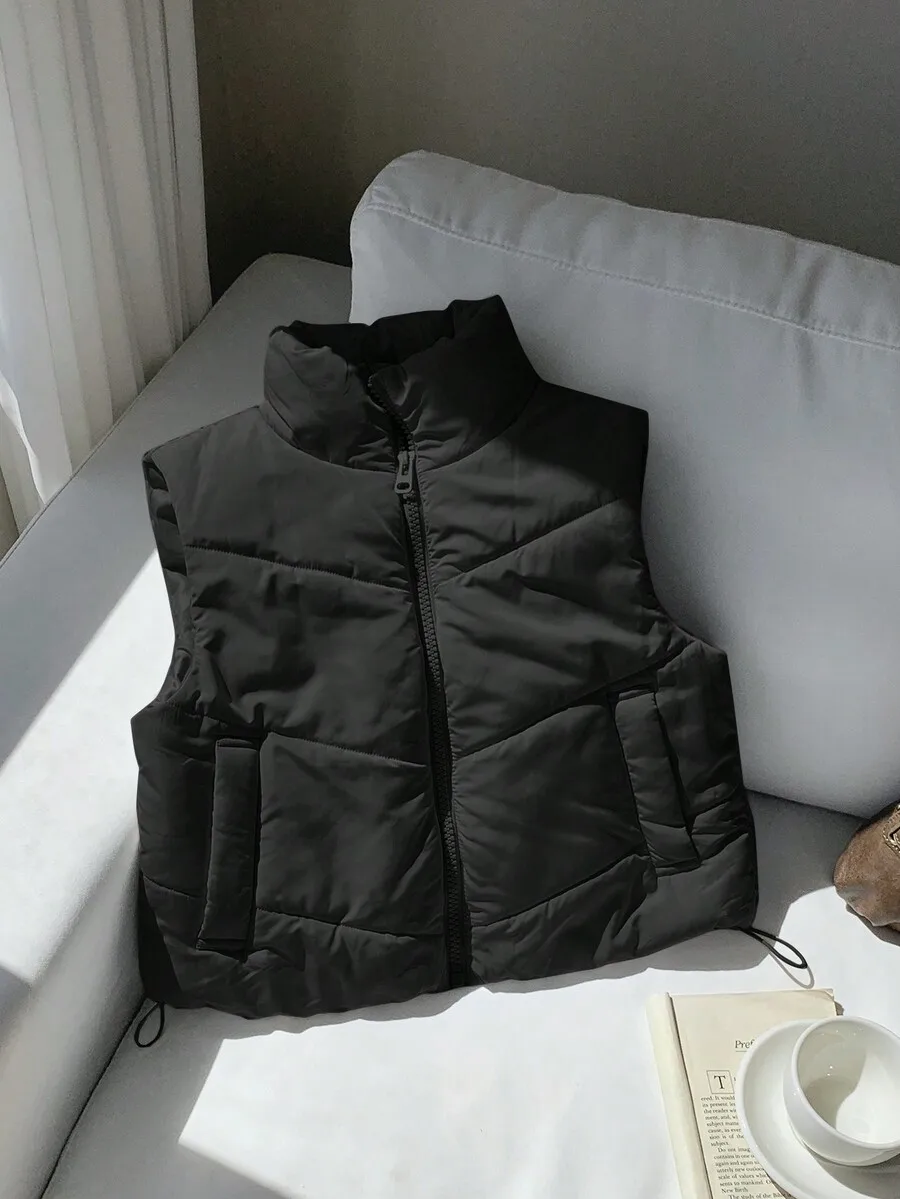 

Women's Black Puffer Vest with High Neck & Full Zipper, Casual Winter Crop Jacket