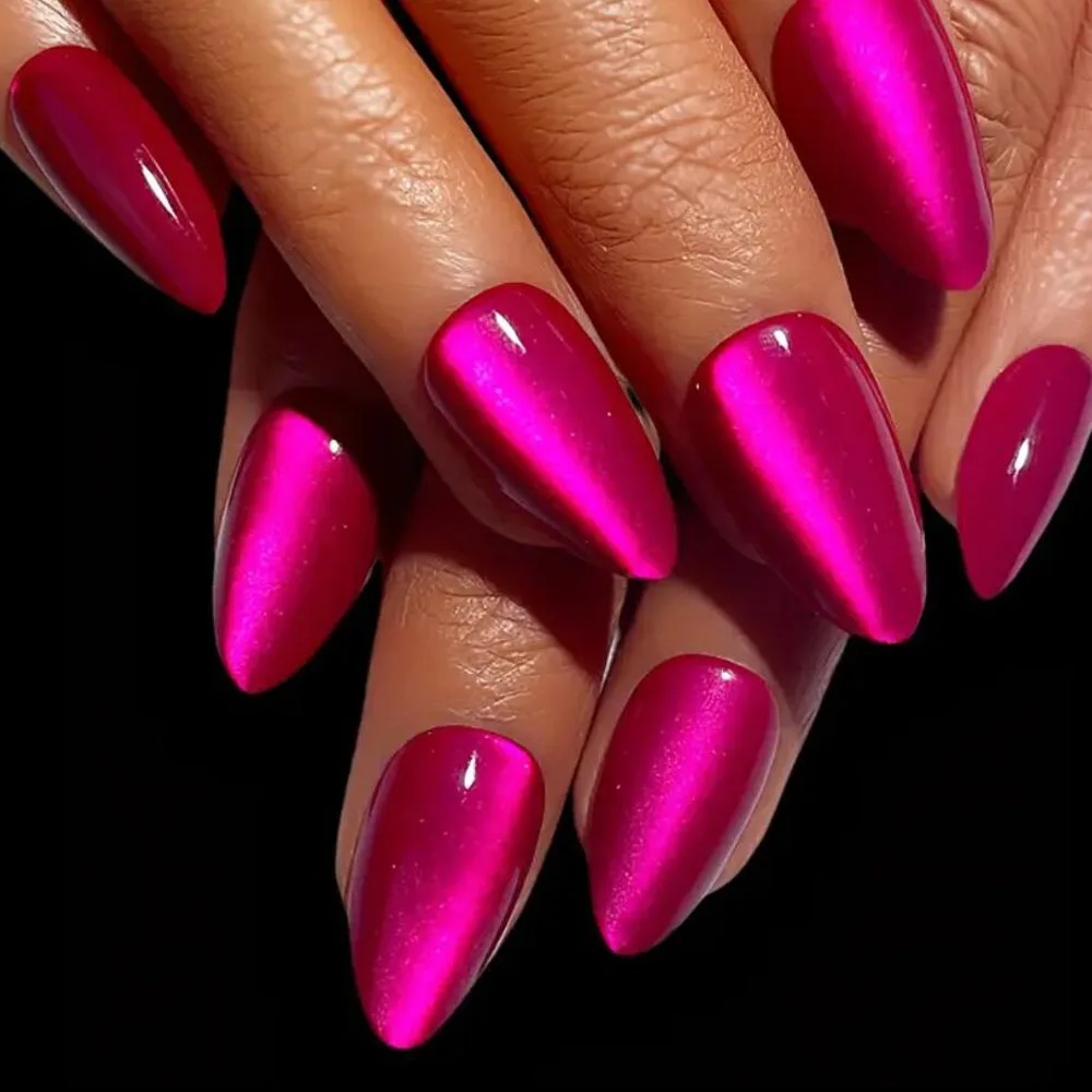 30 pçs pitaya cor olho de gato unhas falsas brilhante rosa vermelho curto amêndoa imprensa em unhas cobertura completa pontas dos dedos falsas para mulher usar 1