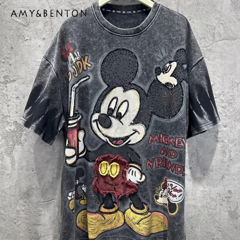 

Красивая нашивка с вышивкой бисером, мультяшная футболка средней длины, осенние новые футболки с короткими рукавами, кавайная одежда, топ, пуловеры с круглым вырезом