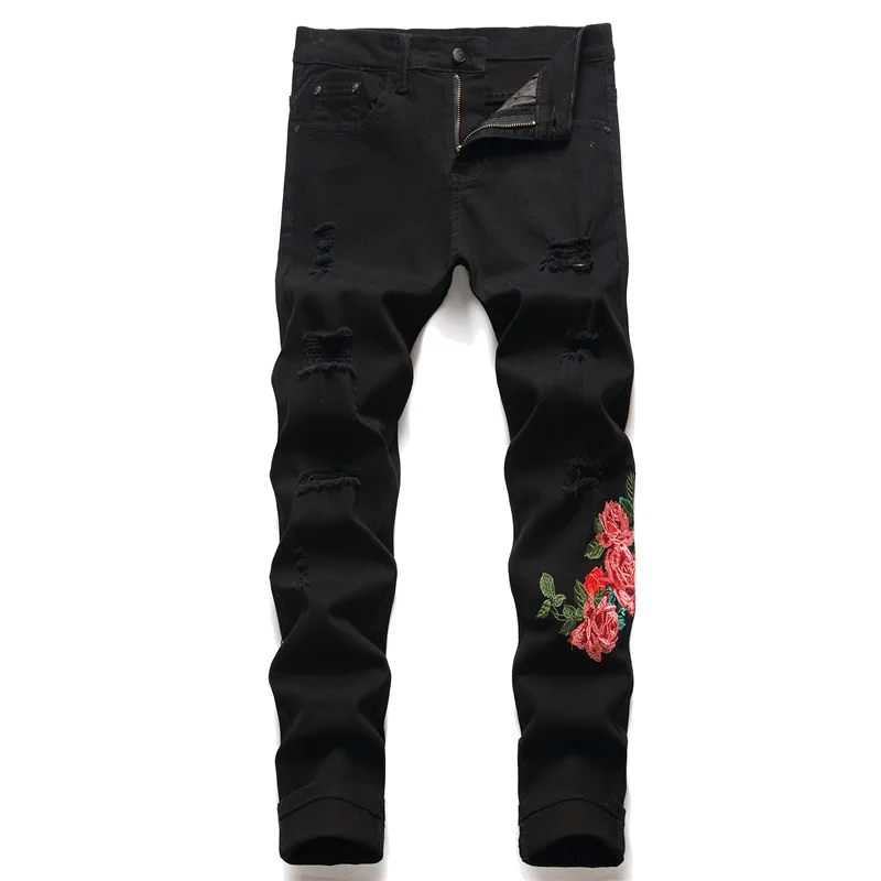 

New Arrival Men's Cotton Ripped Hole Jeans Casual Slim Skinny Black Embroidered Jeans Men Trousers Fashion Hip Hop Denim Pants