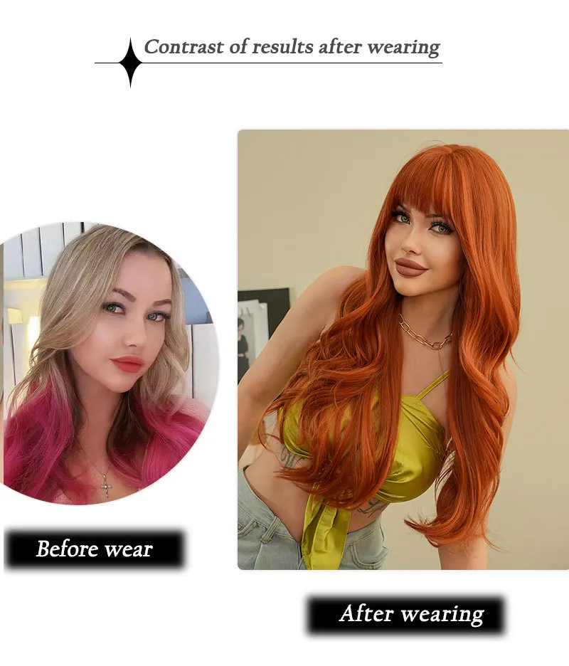 New fashion orange synthetic wig with fringe long curly hair festival daily wig high temperature silk full head cover image 4