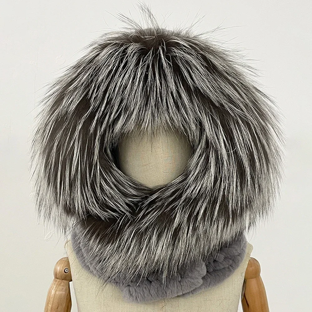 

New Women Fur Hat Hooded Scarf Knit Natural Fox Fur Hats Scarves Lady Warm Winter Fluffy Real Rex Rabbit Fur Knit Cap