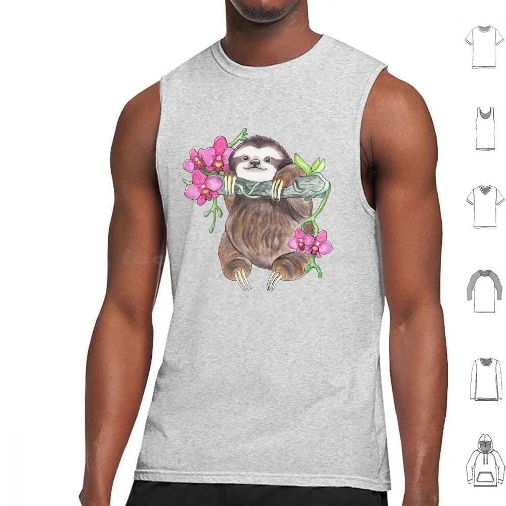 Happy Sloth With Orchids Tank Tops Vest Sleeveless Sloth Orchid Flower Happy Cute Animal Pink Brown Tree Wild Idea Birthday