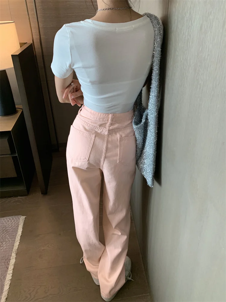 Korean-style sweet and cool light pink wide-leg jeans for women high-waisted slimming loose straight-cut drapey floor-length pants for petite figures