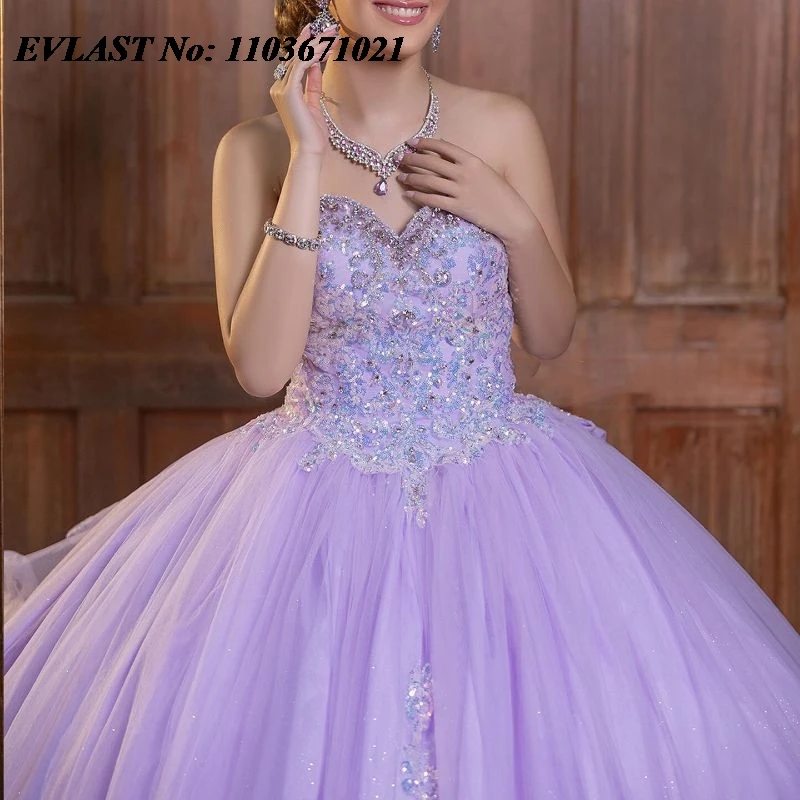 EVLAST Customized Lilac Quinceanera Dress Ball Gown 3D Floral Applique Beading Tiered Bow Sweet 16 Vestidos De XV 15 Anos SQ133