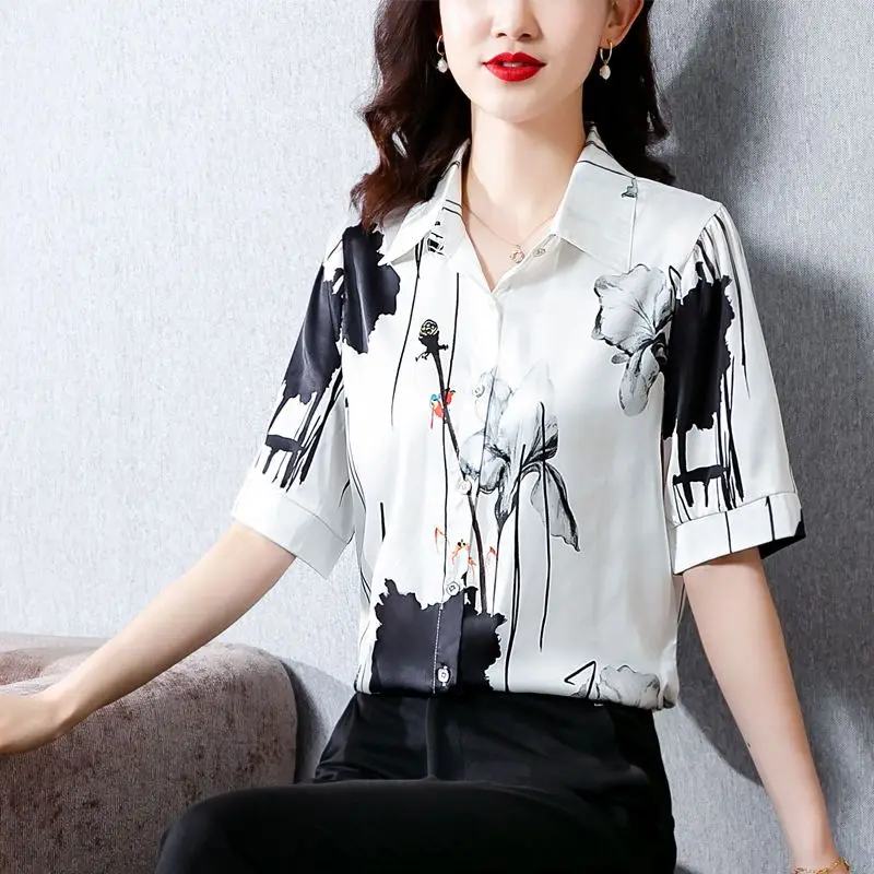 Women Clothing Silk Flower Print Vintage Button Shirts Summer Elegant Fashion Office Lady Blouse Simple Casual Short Sleeve Tops