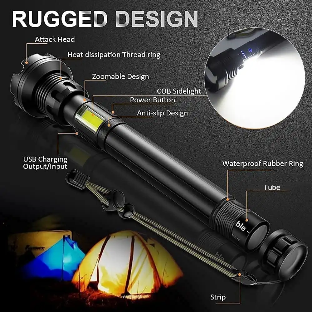 LED Flashlight 90000 High Lumens USB Rechargeable Bright Zoomable Tactical Flashlight with 18650 Battery for Camping Emergency