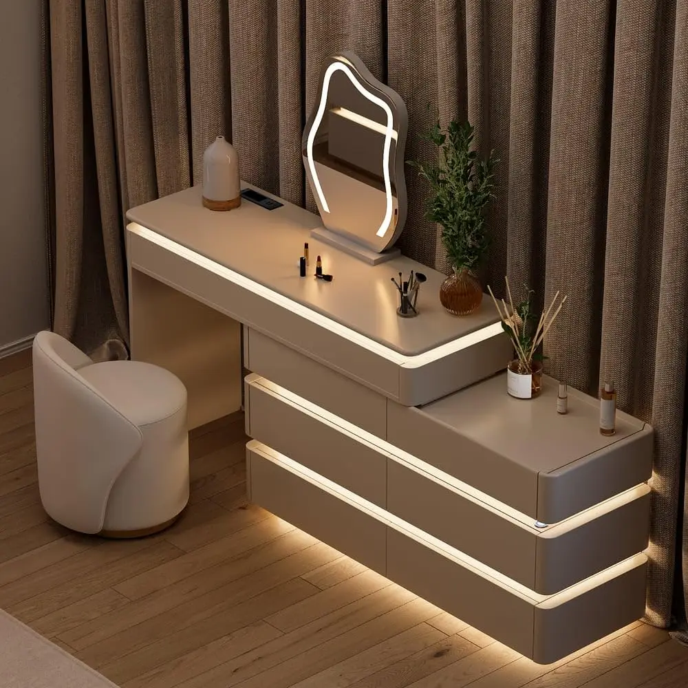Retractable L-Shaped Smart Makeup Vanity with LED Lighted Mirror, Built-in Charging Station, Touch Dimmable Lights, White Dressi