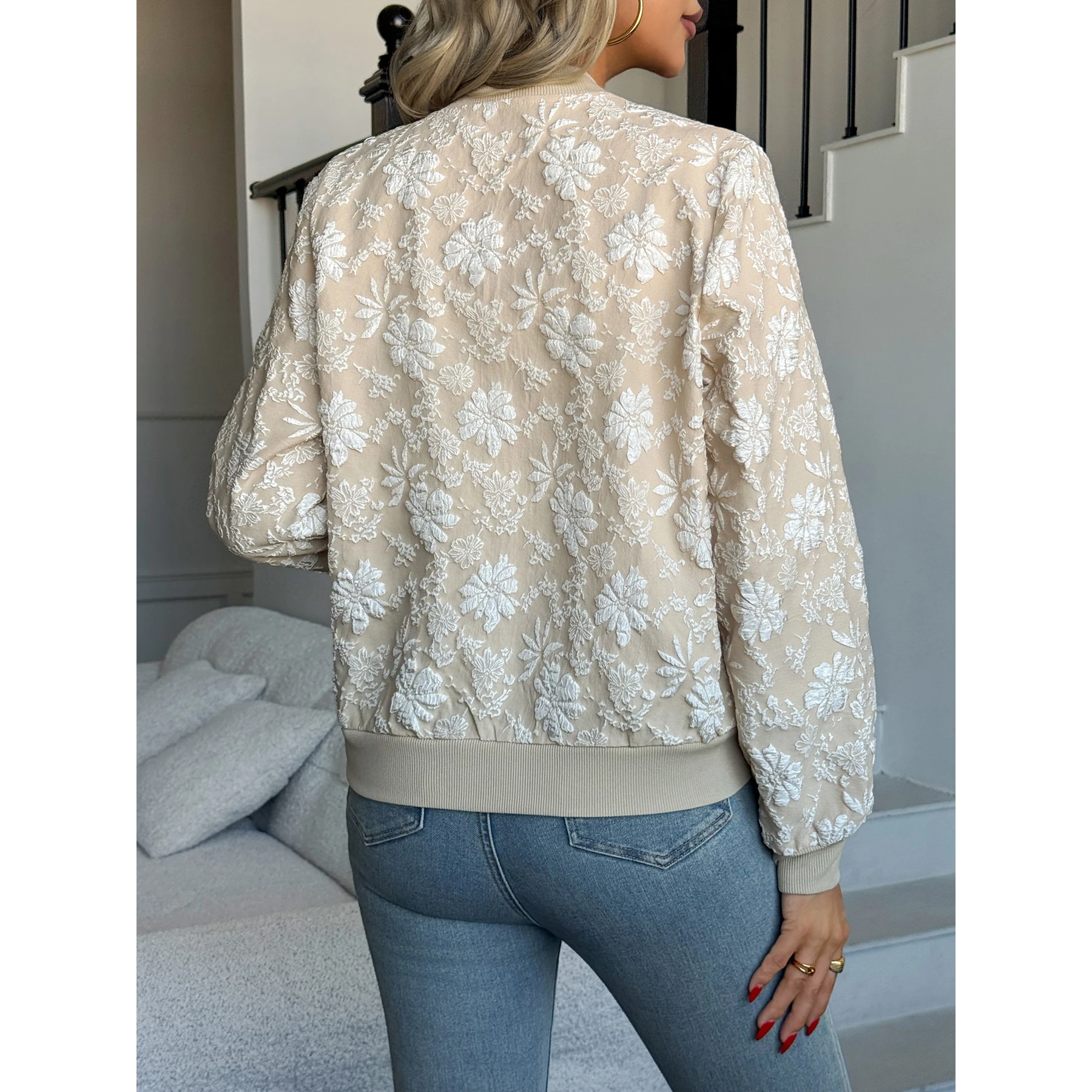 Elegant Floral Embroidery Zipper Jacket Loose Slimming Commute Casual Top Outerwear Polyester Fabric Long Sleeve Short Coat