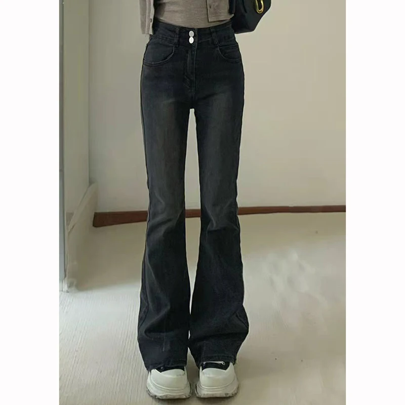 

High Street Women High Waist Straight Leg Jeans Girls Chic Simple Double Button Denim Pants Lady Slim Fit Casual Trousers