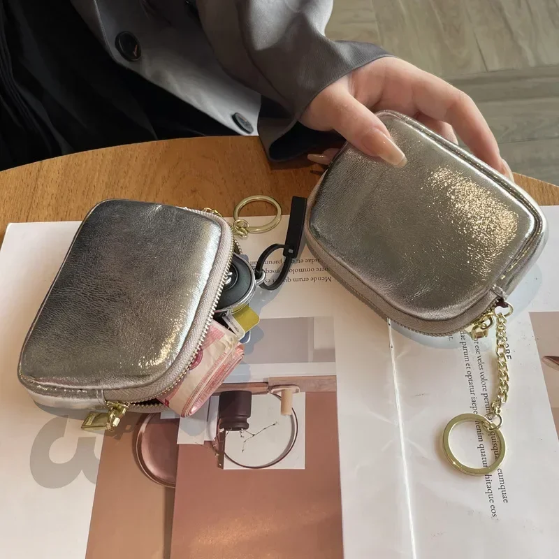 

Серебряный кошелек для монет Crack из воловьей кожи, женский кошелек из натуральной кожи Ins, стильная сумка для хранения монет, маленький кошелек для наушников