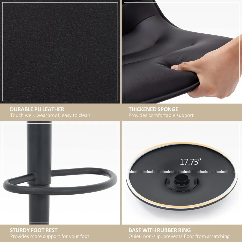 Conjunto de 2 bancos de bar ajustáveis Living, bancos de bar modernos de couro PU giratórios com altura de balcão e encosto, airlift curvo sem braços